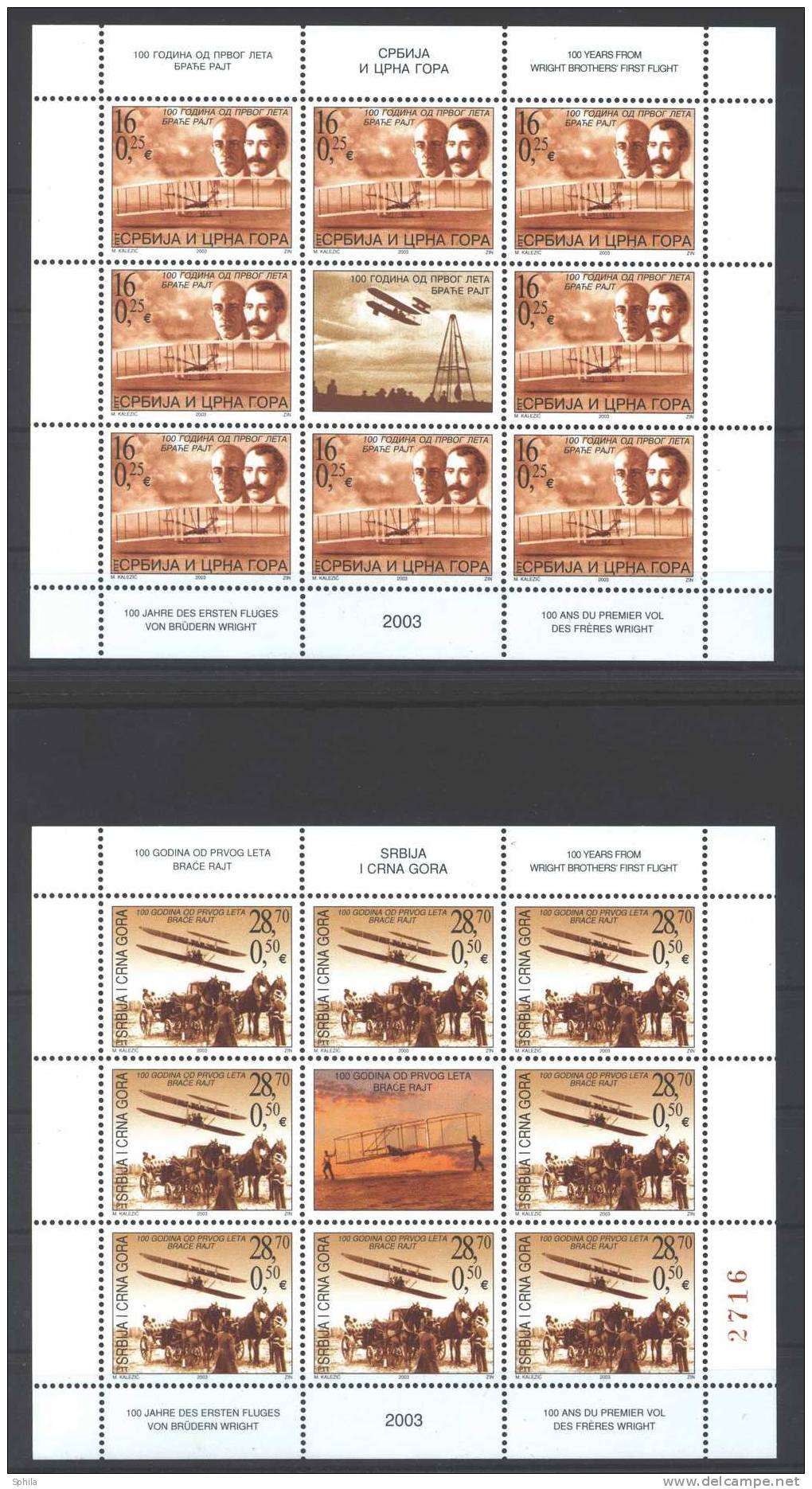 Jugoslawien – Yugoslavia 2003 The Wright Brothers First Flight Cent. Mini Sheets MNH, Minor Imperfections; Mi.3169-70 - Hojas Y Bloques