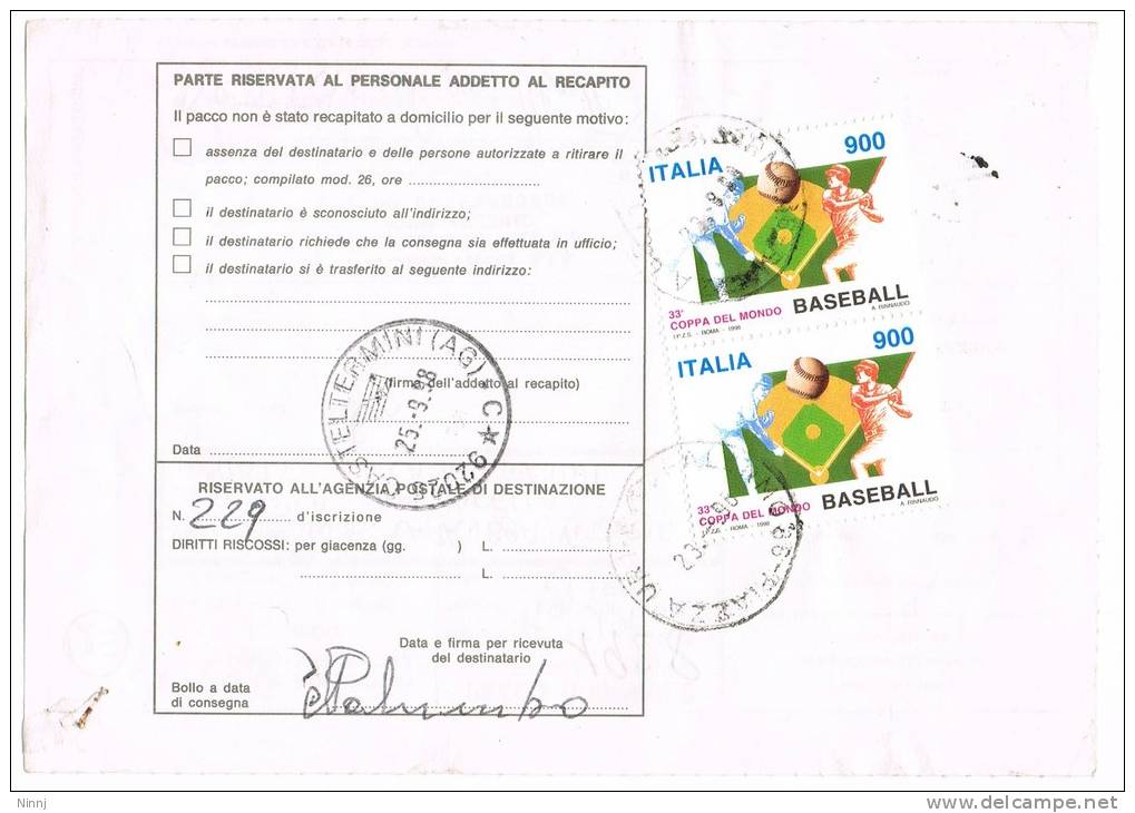 Italia Storia Postale 23.9.98 Palermo/Casteltermini(AG) Affranc. 2 X £. 900 Coppa Del Mondo Di Baseball - 1991-00: Storia Postale