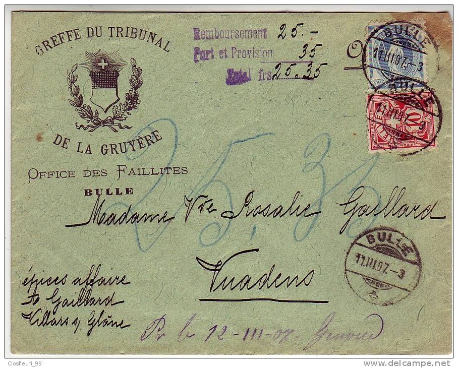 Lettre Greffe Du Tribunal De La Gruyère, Office Des Faillites, Bulle 1907 / Helvétie Debout - Non Classés