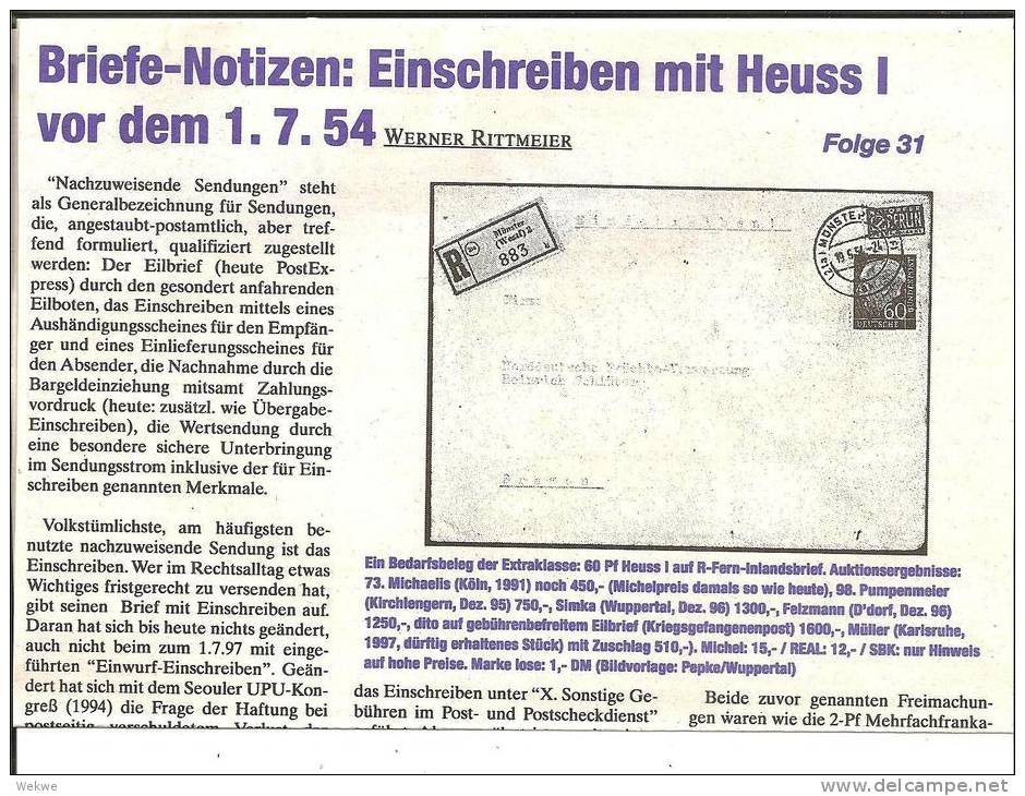 BRD Heuss I/ Auf Einschreiben Verwendet - Philately And Postal History