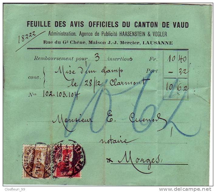 Feuille Des Avis Officiels Du Canton De Vaud / Bande Journal /Agence Haasenstein & Vogler 1912 - Lettres & Documents