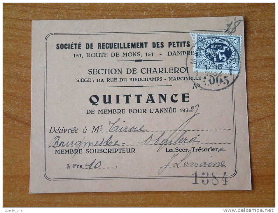 Quittance De La Société De Recueillement Des Petits Anim..... / Anno 1927 ( +/- 90 X 110 Mm. / Voir Photo Pour Detail) ! - Lettres De Change