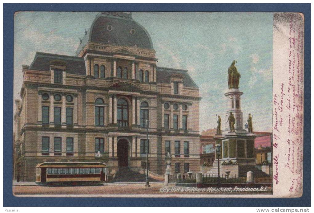 CP CITY HALL & SOLDIERS MONUMENT - PROVIDENCE R. I.  - 1906 - CANADIAN STAMPS QUE. - TRAMWAY - Providence