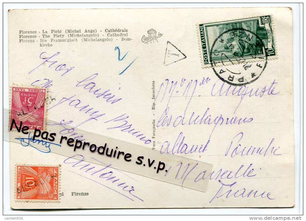 - Lettre Taxée - 2 Timbres De 5 Et 10 Fr Gerbes, Sur CP, Oblitéré 1952, En Italie, Florence, Bon état,  Scans. - 1859-1959 Briefe & Dokumente