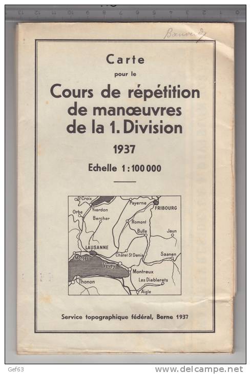 Carte Pour Le Cours De Répétition De Manoeuvres De La 1. Division 1937 - Suisse - Cartes Topographiques