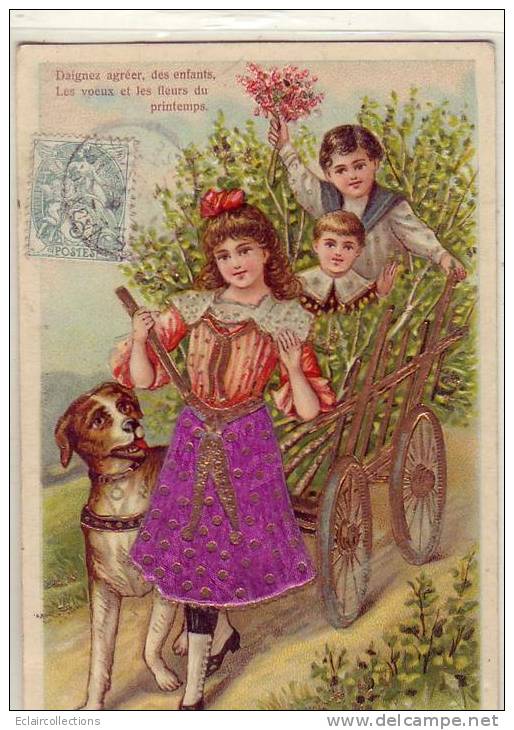 Fantaisie..Carte  Gaufrée   Attelage De Chiens..Enfants..Fleurs - Autres & Non Classés