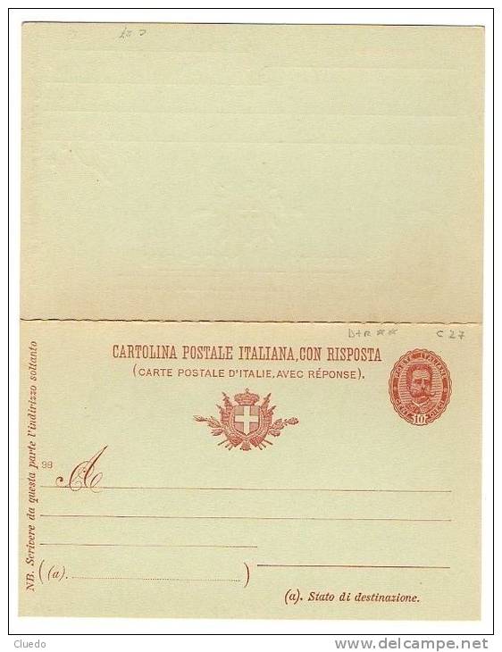 Intero Postale Umberto I (Filag, C27) C.10+10 Rosso/verde Per L'estero - NUOVA - Interi Postali