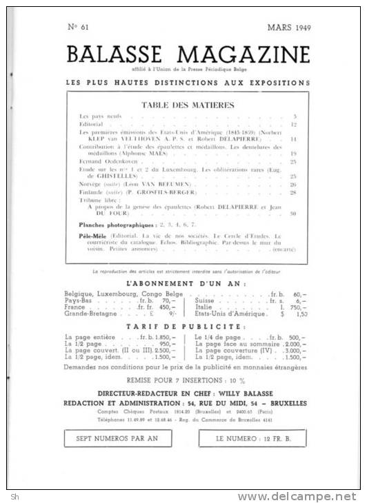 BALASSE MAGAZINE - N° 61 -  Mars 1949 - Avec Supplément - Dentelures MEDAILLONS - N° 1 Et 2 Du Luxembourg Oblitérations - Französisch (ab 1941)