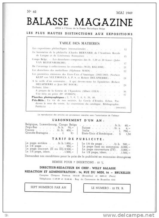 BALASSE MAGAZINE - N° 62 -  Mai 1949 - Avec Supplément - MEDAILLONS Dentelures -  USA - Französisch (ab 1941)