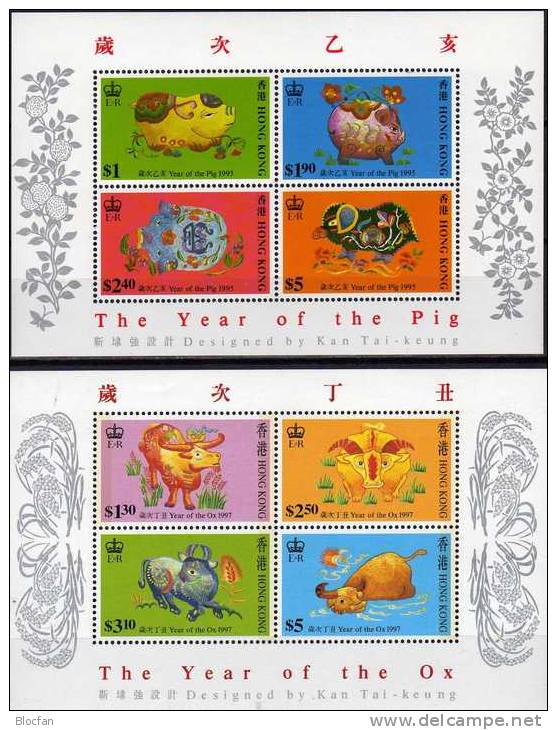 New Year Pig And Ox Hongkong 785/8, Blocks 34+45 ** 25€ China Neujahr 1995 Jahr Schwein/Ochsen Blocs Sheets Bf HONG KONG - Hojas Bloque