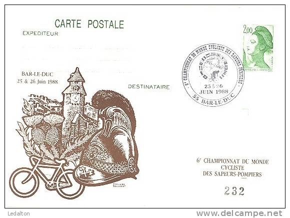 RARE Entier Postal Liberté Bar-le-Duc (Meuse) 6e Championnat Monde Cycliste Sapeurs-pompiers 1988 - Cartoline Postali Ristampe (ante 1955)