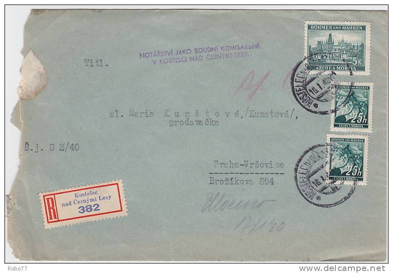 Bohemia & Moravia - Böhmen & Mähren. 1940 Registered Cover. (D03111) - Other & Unclassified