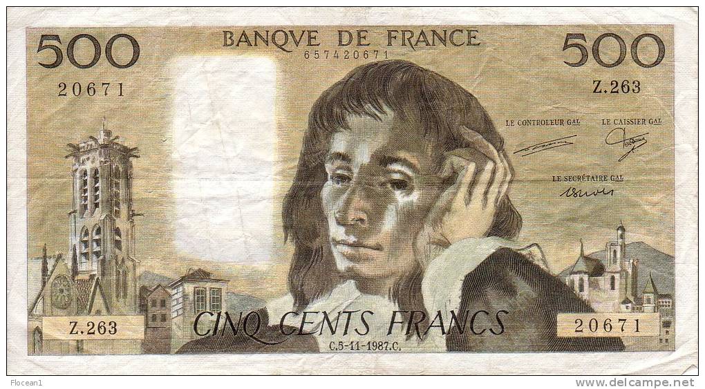 ****  BILLET  500 FRANCS PASCAL  5-11-1987  ALPHABET  Z.263  **** - 500 F 1968-1993 ''Pascal''