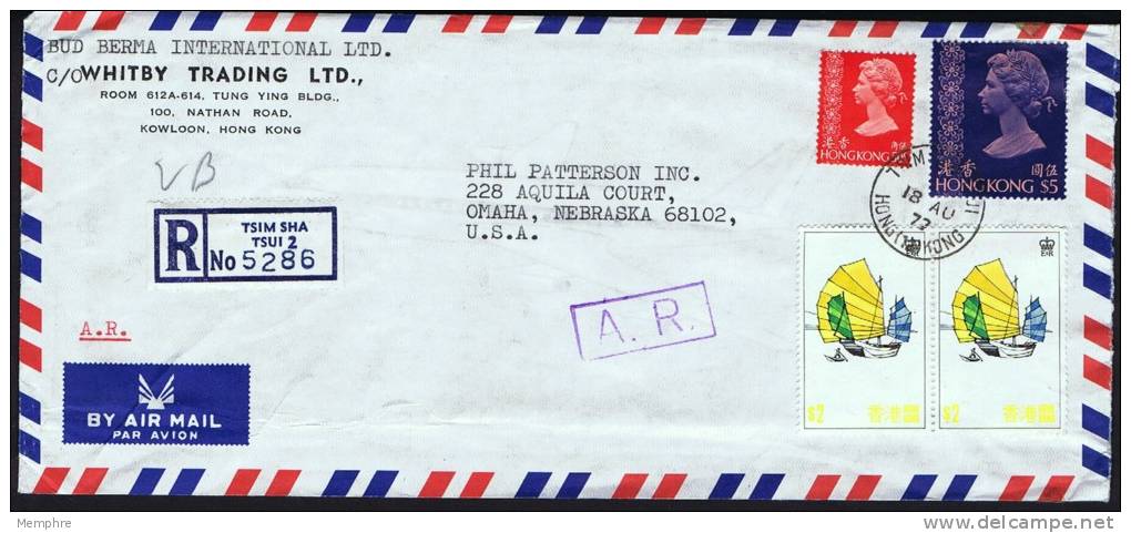 1977  Registered  A.R.  Air Mail Letter To USA  $5  No Watermark, $0.50   $2 Junk  And Sampan X 2 - Lettres & Documents