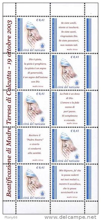 RP 2003 Vaticano Foglietto / Mini Sheet  Beatificazione Madre Teresa Di Calcutta - Nuovo MNH** - Blocks & Kleinbögen