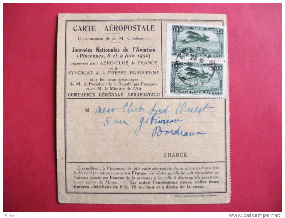 Maroc Morocco Marruecos Carte Aéropostale 1930 ( Réexpedition ) Journée De L'Aviation Lettre Airmail Cover Latecoere - Lettres & Documents