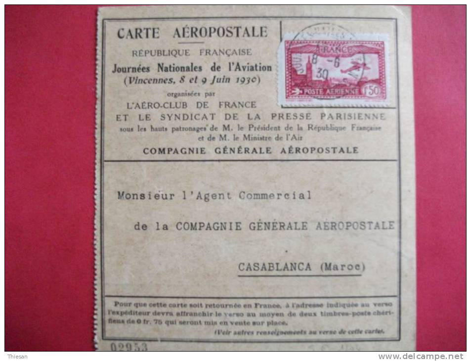 Maroc Morocco Marruecos Carte Aéropostale 1930 ( Réexpedition ) Journée De L'Aviation Lettre Airmail Cover Latecoere - Lettres & Documents