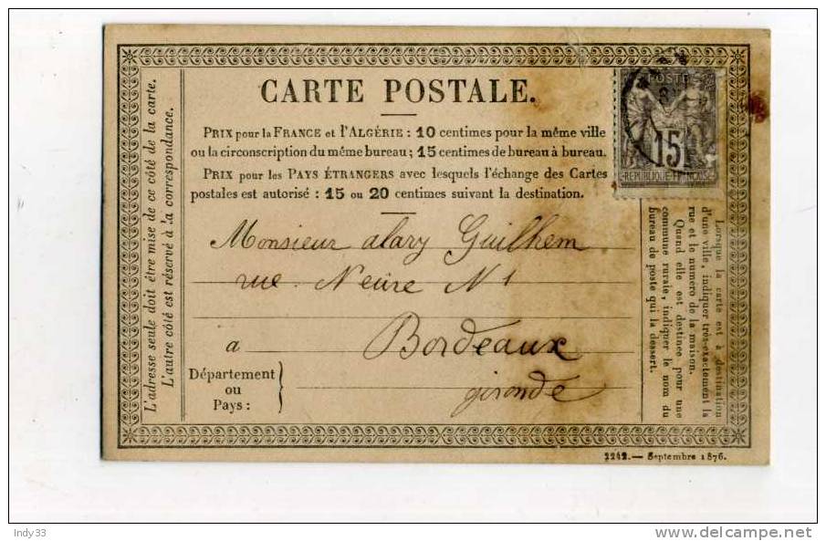 - CARTE POSTALE DU 16/1/1877  DE MARMANDE POUR BORDEAUX AVEC N°77 Y&T - Vorläufer