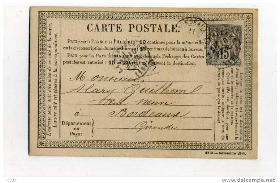 - CARTE POSTALE DU 10/2/1877  DE LA TREMBLADE  POUR BORDEAUX AVEC N°77 Y&T - Precursor Cards