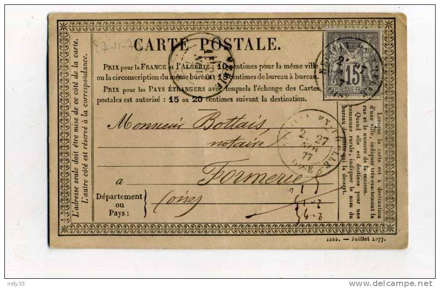 - CARTE POSTALE DU 27/11/1877  DE NEUILLY EN THELLE POUR FORMERIE  AVEC N°77 Y&T - Precursor Cards