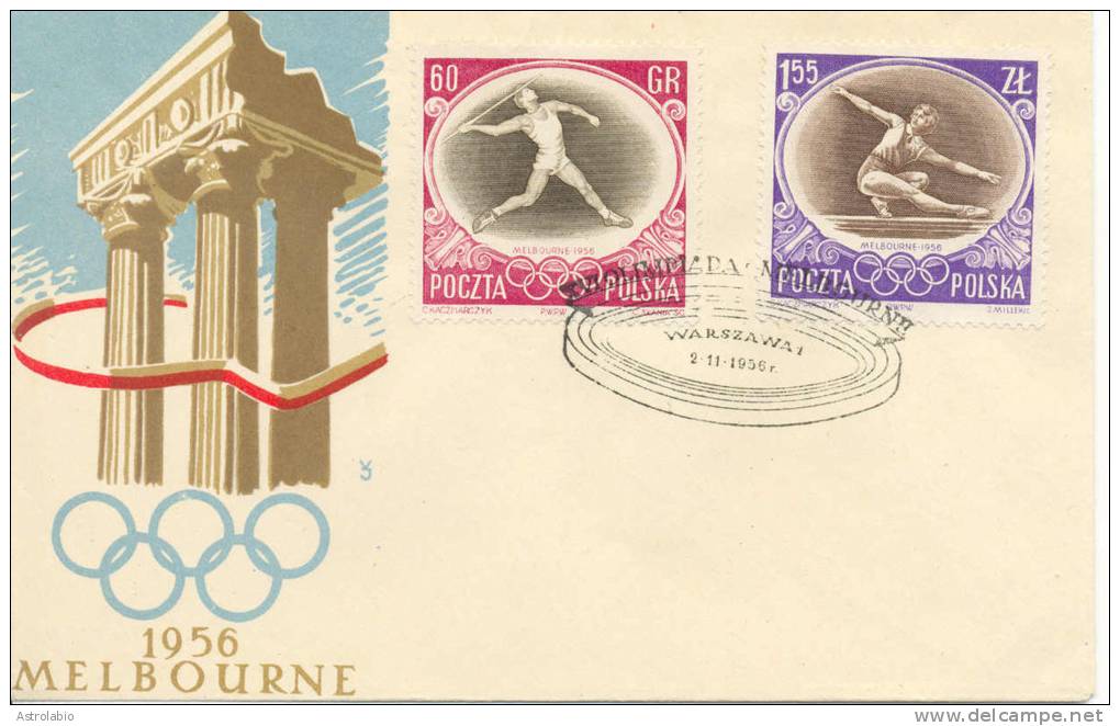 FDC (3) Pologne 1956 Olimpiade De Melbourne, Escrime, Boxe, Aviron Gymnastique Etc. Yvert 871/6 Voir 3 Scan - Summer 1956: Melbourne