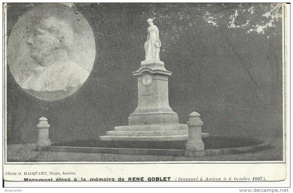 AMIENS, MONUMENT ÉLEVÉ À LA MÉMOIRE DE RENÉ GOBLET - RECTO-VERSO - Amiens