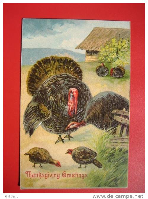 Holidays & Celebrations > Thanksgiving Embossed Card Made In Germany Turkey's Ca 1910        ===   =ref 330 - Thanksgiving