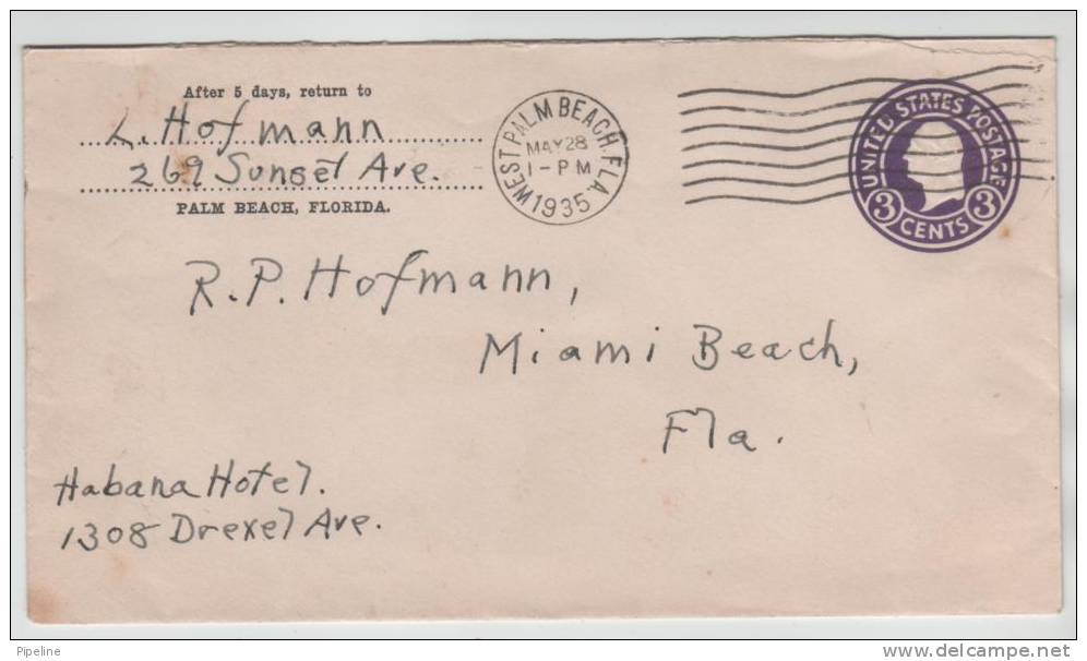 USA Cover Postal Stationery West Palm Beach FL. 28-5-1935 - 1921-40