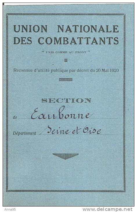 Carte En Deux Volets Union Nationale Des Combattants Section SEINE ET OISE 1958 - Documents Historiques