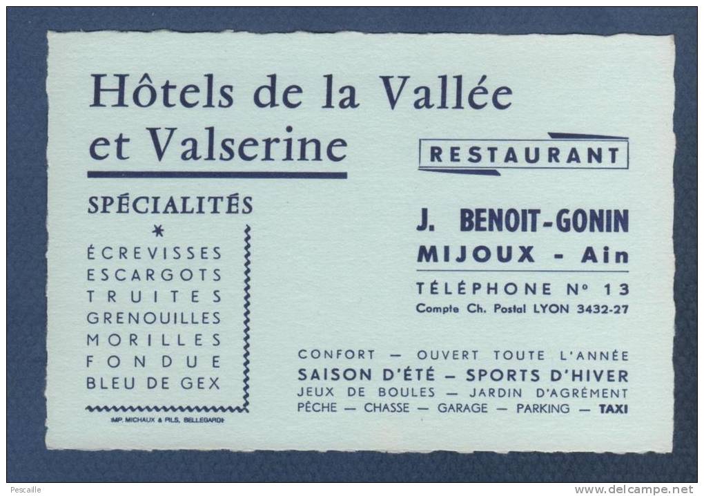 CARTE COMMERCIALE HOTELS DE LA VALLEE ET VALSERINE - J. BENOIT GONIN - MIJOUX - AIN - ECREVISSES ESCARGOTS BLEU DE GEX - Cartes De Visite