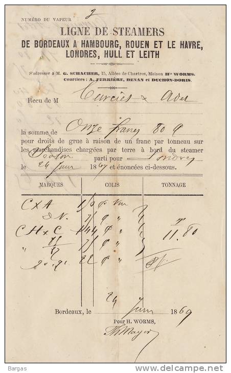 Connaissement Vapeur Seaton Port Bordeaux Londres Ligne Rouen Le Havre Hull Leith - Documents Historiques