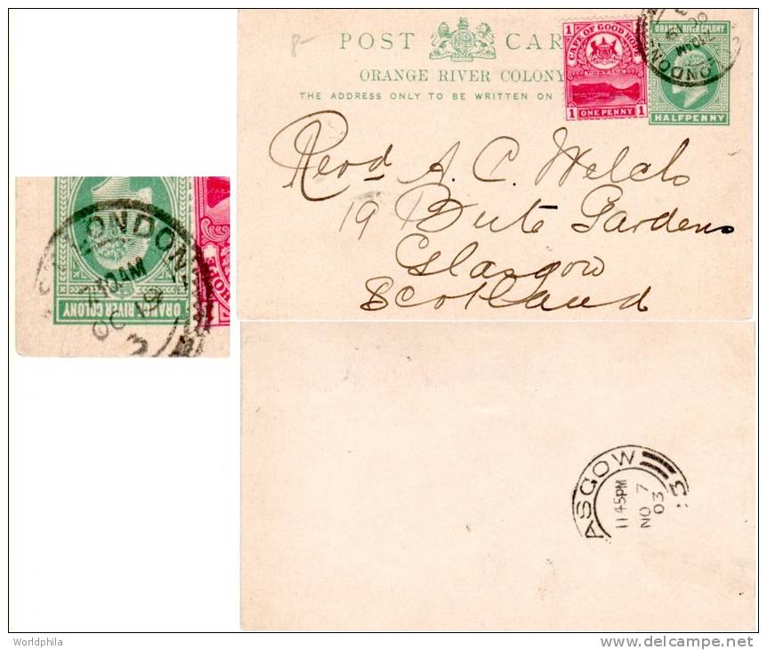 Orange River Colony-Scotland Uprated, With Cape Of Good Hope Postage Stamp, Postal Card 1903 - Cape Of Good Hope (1853-1904)