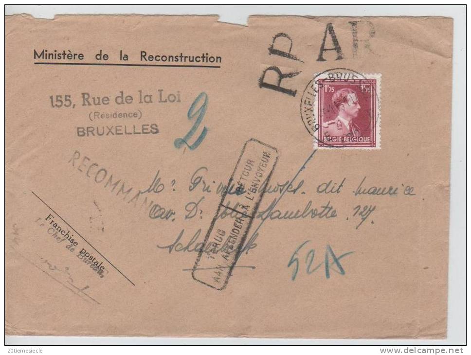 TP 832 S/L.recommandée En Franchise Partielle Du Ministère De La Reconstruction Seul L´ AR Est Compté1951 Verso étiq.AP4 - Franchise