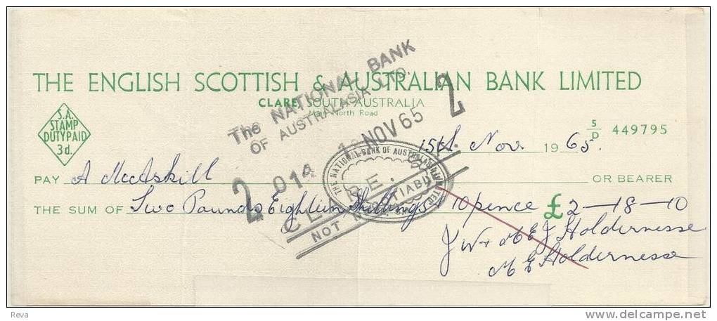 AUSTRALIA CHEQUE ISSUED BY THE ENGLISH SCOTTISH& AUSTRALIAN BANK FOR 2 POUNDS 18/ DATED 15.11.1965 VF READ DESCRIPTION!! - Andere & Zonder Classificatie