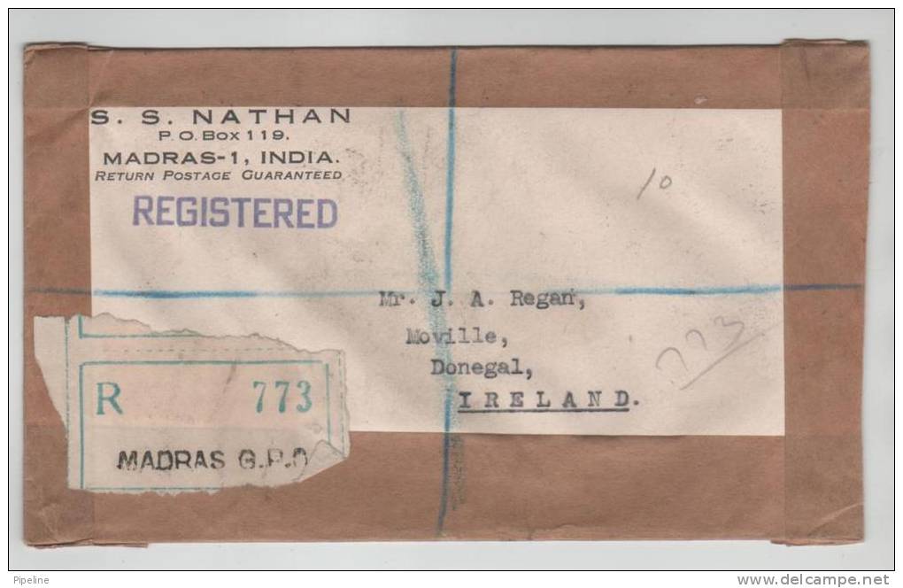 India Registered Cover Sent To Ireland 9-1-1957 All Stamps On The Backside Of The Cover - Covers & Documents