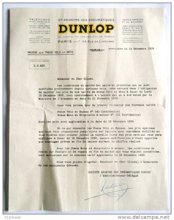 LETTRE 1939 DUNLOP MAJORATION PRIX AVEC ACCORD MINISTRE ARMEMENT NOUVEAUX TARIFS PNEUMATIQUES MONTLUCON - Material Und Zubehör