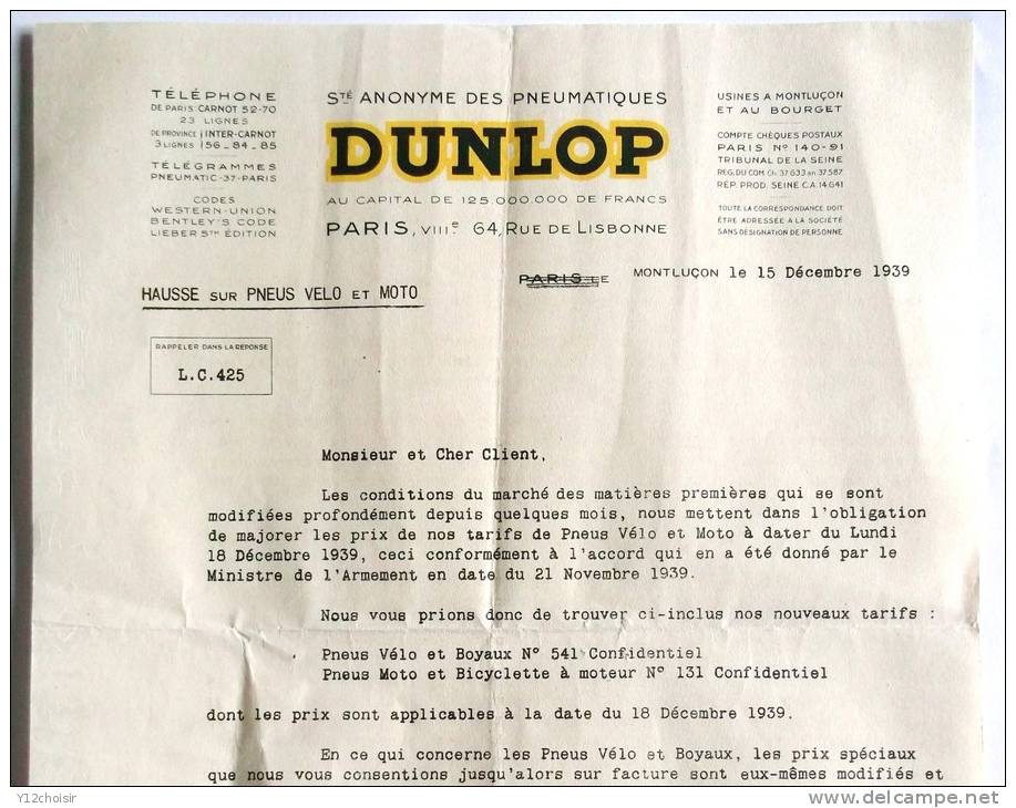 LETTRE 1939 DUNLOP MAJORATION PRIX AVEC ACCORD MINISTRE ARMEMENT NOUVEAUX TARIFS PNEUMATIQUES MONTLUCON - Supplies And Equipment