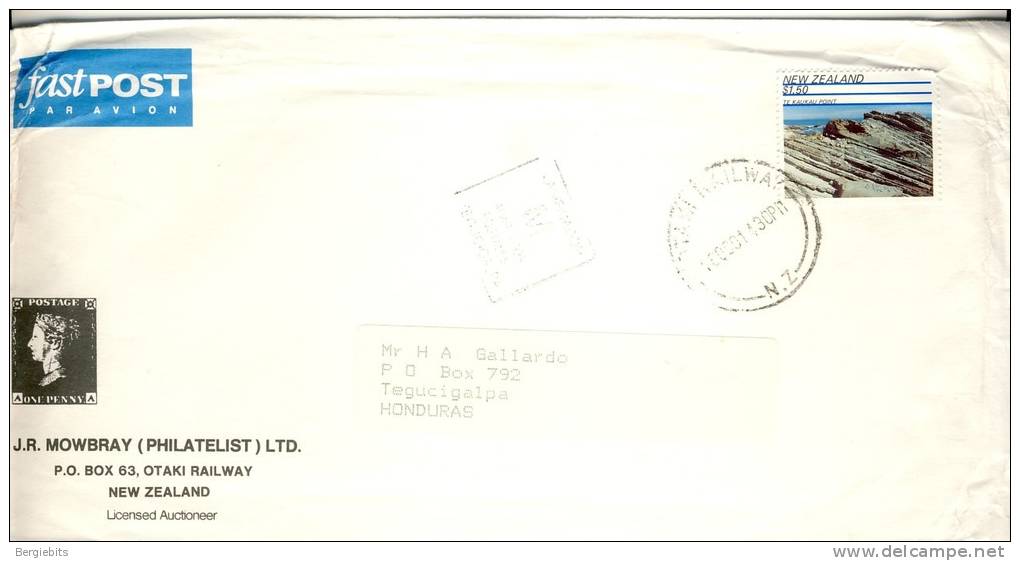 1991 New Zealand Airmail  Fastpost Cover Sent To Honduras With Nice Te Kaukau Point Stamp - Briefe U. Dokumente