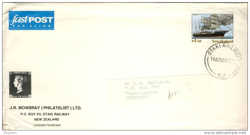 1991 New Zealand Airmail  Fastpost Cover Sent To Honduras With Nice Steam Sailing Ship Stamp - Lettres & Documents
