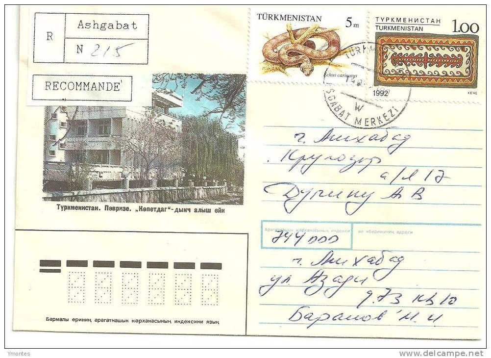 Registered Cover Turkmenistan 1997 ( Snake Stamp) - Turkmenistán