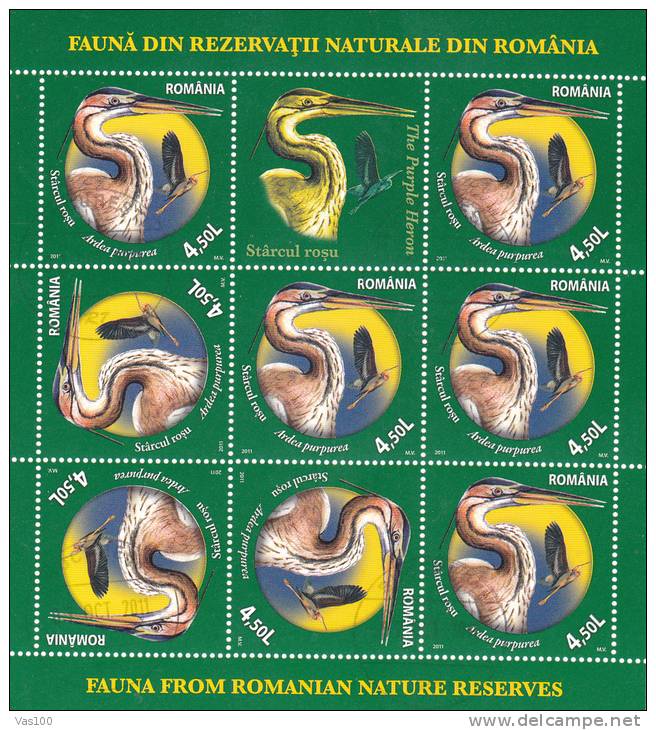 BIRDS,CHIENS  2011 USED  4X MINISHEET 8 STAMPS + LABELS ROMANIA. - Usati