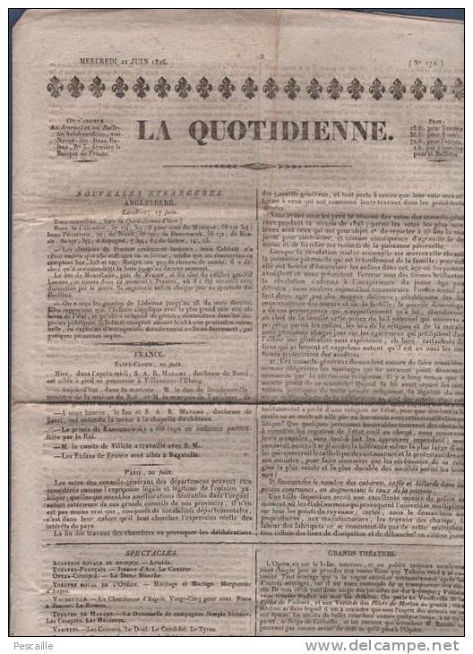 JOURNAL LA QUOTIDIENNE 21 06 1826 - THEATRE - CONSEILS GENERAUX - CIRQUE BOULEVARD DU TEMPLE - CHATEAUBRIAND - 1800 - 1849