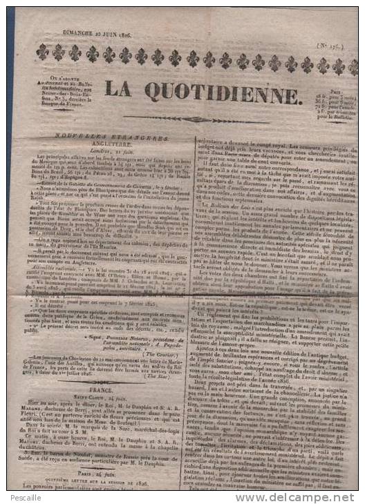 JOURNAL LA QUOTIDIENNE 25 06 1826 - LONDRES - CESSION DE 1826 - AFFAIRE HENRIETTE CORNIER BRETON - LUCQUES CORSE - 1800 - 1849