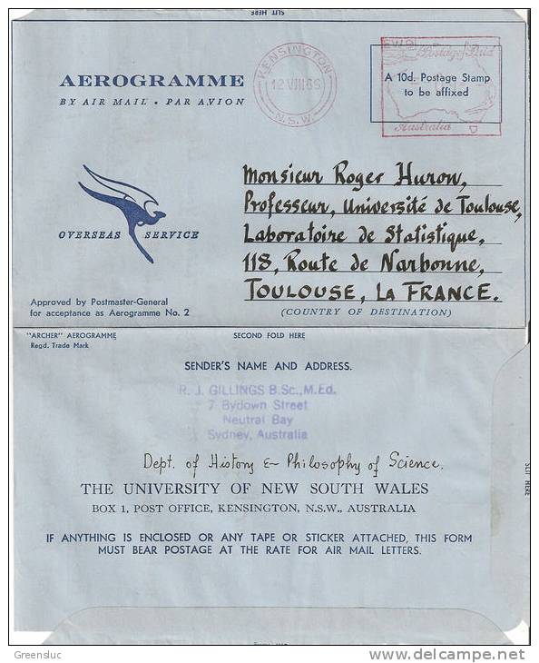 AEROGRAMME  LETTRE ENTRE AUSTRALIE KENINGSTON ET LA FRANCE TOULOUSE. 1966 - Aerograms