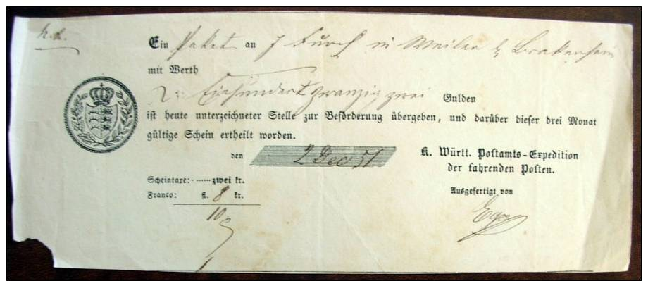 1851 Württemberg Postschein Der Fahrenden Posten - Sonstige & Ohne Zuordnung