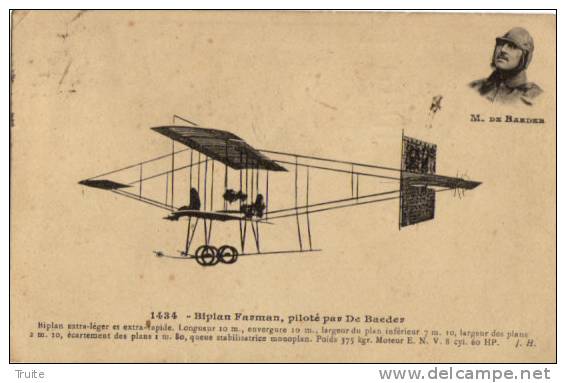 BIPLAN FARMAN PILOTE PAR DE BAEDER - Airmen, Fliers