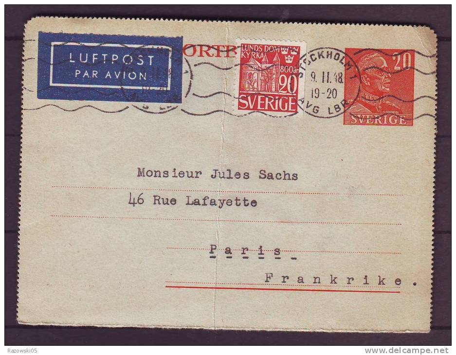 TIMBRE. ENTIER POSTAL. CARTE POSTALE. SUEDE. SVERIGE. PARIS. AVION. STOCKHOLM. LUFTPOST. - Enteros Postales