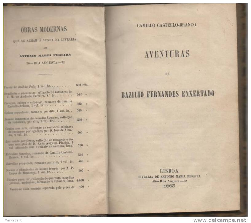 Camilo Castelo Branco: Aventuras De Bazilio Fernandes Enxertado - 1863 - Libri Vecchi E Da Collezione