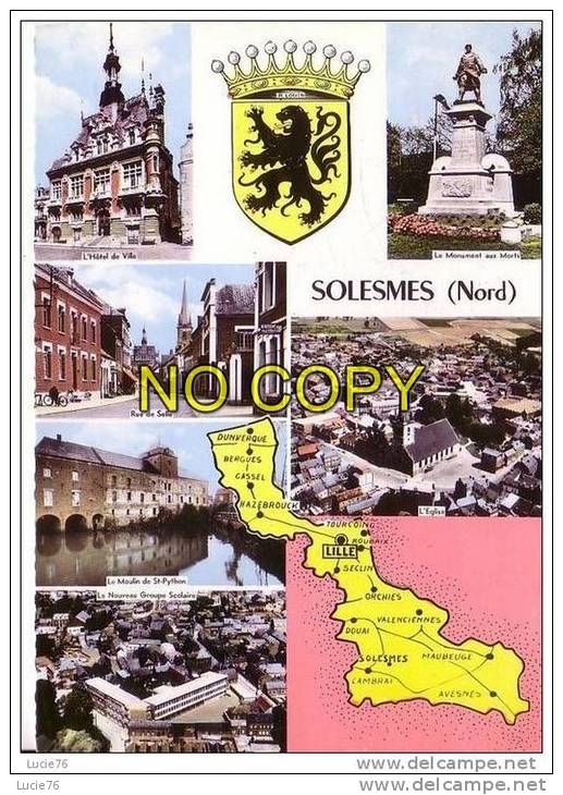 SOLESMES -  N° 6 C - 6 Vues : Hôtel De Ville, Monument Aux Morts, Rue De Selle,Moulin St Python, Eglise, Groupe Scolaire - Solesmes