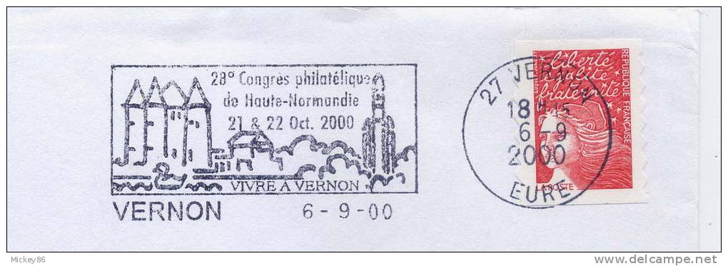 Flamme---2000--VERNON--27 ---28ème Congrès Philatélique De Hte Normandie---tp  Marianne De Luquet - Exposiciones Filatélicas